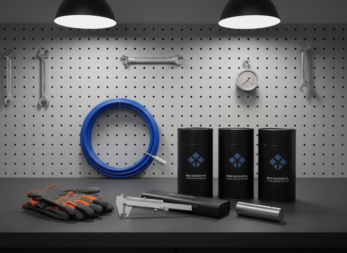 A refined arrangement of industrial safety and maintenance supplies displayed on a smooth, dark graphite workbench. The composition includes high-quality protective gloves folded neatly, precision-measuring instruments in brushed metal casings, a neatly coiled industrial hose, and labeled lubricant containers with simple, sophisticated blue-gray graphics. Behind them, a clean pegboard wall holds outlines of tools with only a few premium wrenches and gauges mounted, creating a minimalist, curated feel. Bright, diffused workshop lighting from above produces even illumination and soft, controlled shadows. Photographic realism, shot at eye level with a gentle vignette that focuses attention on the products. The atmosphere is calm, highly organized, and subtly luxurious, conveying that Feza Endüstriyel provides not just basic supplies, but carefully selected, high-end industrial solutions.