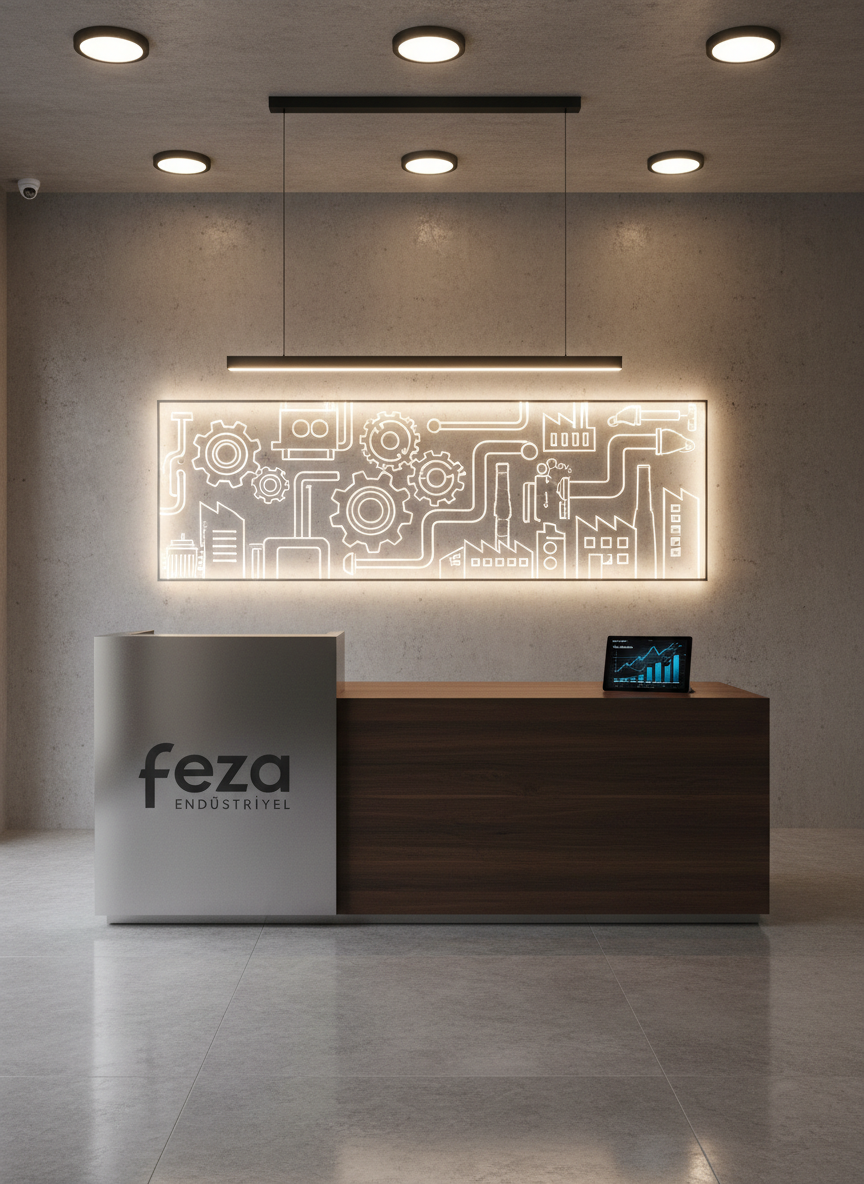 An elegant industrial procurement office reception area, featuring a minimalist dark-wood reception counter with a brushed stainless-steel front panel and a subtle engraved "Feza Endüstriyel" logo. Behind the counter, a textured concrete wall is accented by a large, backlit glass panel displaying stylized outlines of gears, pipelines, and factory silhouettes. The floor is polished gray stone, reflecting the soft glow of recessed ceiling LEDs and a linear pendant light above the counter. No chairs or human elements are present, only a sleek tablet on the counter showing abstract charts. Photographic realism, eye-level composition with a balanced, symmetrical framing. The atmosphere is calm, sophisticated, and corporate, emphasizing professionalism, reliability, and high-end industrial supply services.