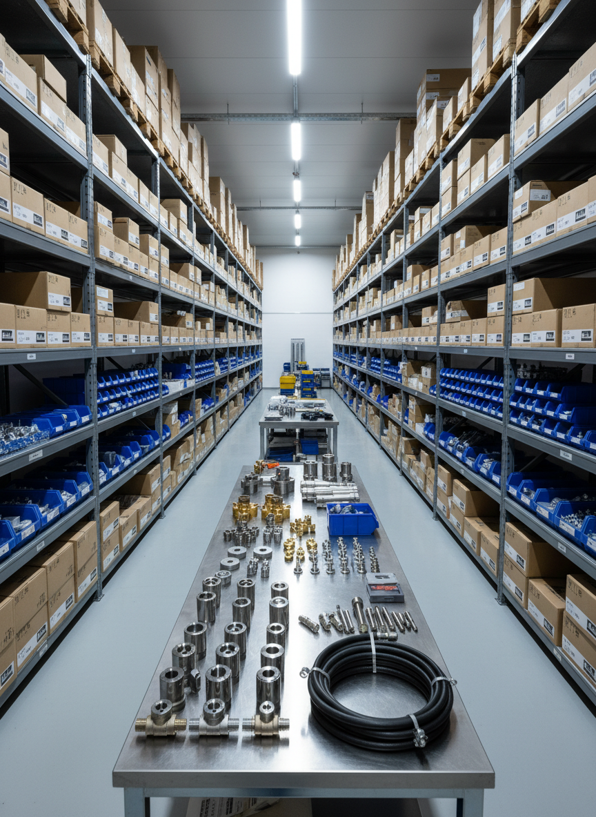 A meticulously organized industrial supply warehouse interior, with long rows of steel shelving filled with neatly stacked boxes, precision tools, bearings, valves, and neatly labeled components in neutral-toned packaging bearing subtle blue and gray branding accents. In the center, an immaculate stainless-steel workbench holds a curated selection of high-end industrial parts: chrome-plated valves, polished fasteners, and coiled hydraulic hoses, all arranged with geometric precision. The setting is a spotless, high-ceilinged warehouse with smooth epoxy gray floors and tidy pallet racks. Cool, diffused overhead LED lighting creates crisp reflections on metal surfaces and soft, controlled shadows. Shot in photographic realism from a slightly elevated, wide-angle perspective with sharp focus throughout, the mood is sophisticated, efficient, and trustworthy, reflecting a premium industrial procurement service environment.