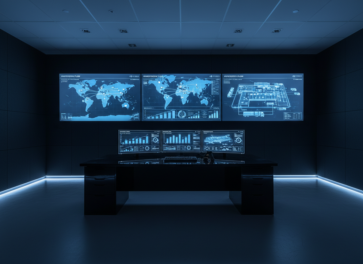 A modern, high-tech logistics control room dedicated to industrial supply chain management, without any human presence. Several large, wall-mounted ultra-wide screens display stylized, blue-toned maps with supply routes, warehouse icons, and real-time analytics dashboards featuring graphs and inventory levels. In front, a sleek black console desk holds three thin-bezel monitors, a compact keyboard, and an industrial barcode scanner resting on a glossy surface. The room features dark acoustic wall panels, a subtle blue LED light strip along the floor, and a matte gray ceiling with recessed lighting. The overall lighting is low and focused, with the screens as the primary light source, casting a cool glow and gentle reflections. Photographic realism, eye-level, slightly wide composition. The atmosphere is sophisticated, precise, and data-driven, underscoring the advanced logistics capabilities of an industrial procurement company.