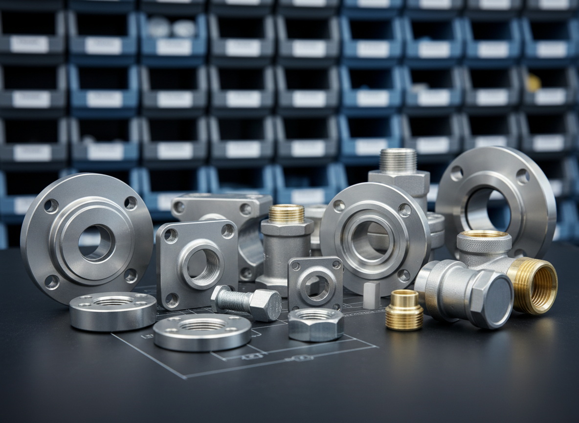 A close-up, photographic realism image of premium industrial components arranged like a still life on a matte black technical work surface. In the foreground, precision-machined stainless-steel valves, flanges, high-torque bolts, and brass fittings sit on top of a faintly visible technical blueprint printed in light gray. The components have finely brushed and polished textures, with subtle reflections of cool white studio lighting. In the background, softly blurred, are organized plastic bins in muted blue and gray tones, hinting at a larger inventory system. Shot from a slightly elevated angle with shallow depth of field, the lighting is clean and directional, creating gentle highlights along the machined edges. The mood is meticulous, premium, and highly technical, emphasizing quality, detail, and the sophistication of industrial supply solutions.